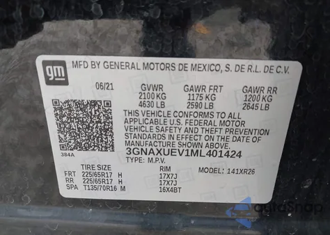 2021 Chevrolet Equinox Awd Lt из США, поврежденный, VIN 3GNAXUEV1ML401424